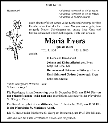 Traueranzeige von Maria Evers von Neue Osnabrücker Zeitung GmbH & Co. KG