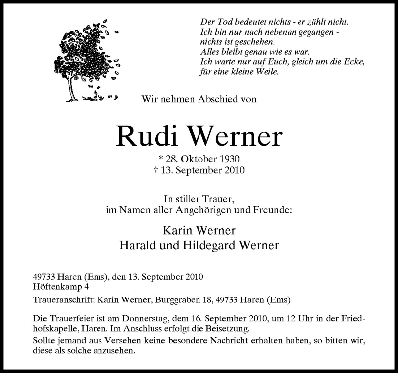  Traueranzeige für Rudi Werner vom 15.09.2010 aus Neue Osnabrücker Zeitung GmbH & Co. KG