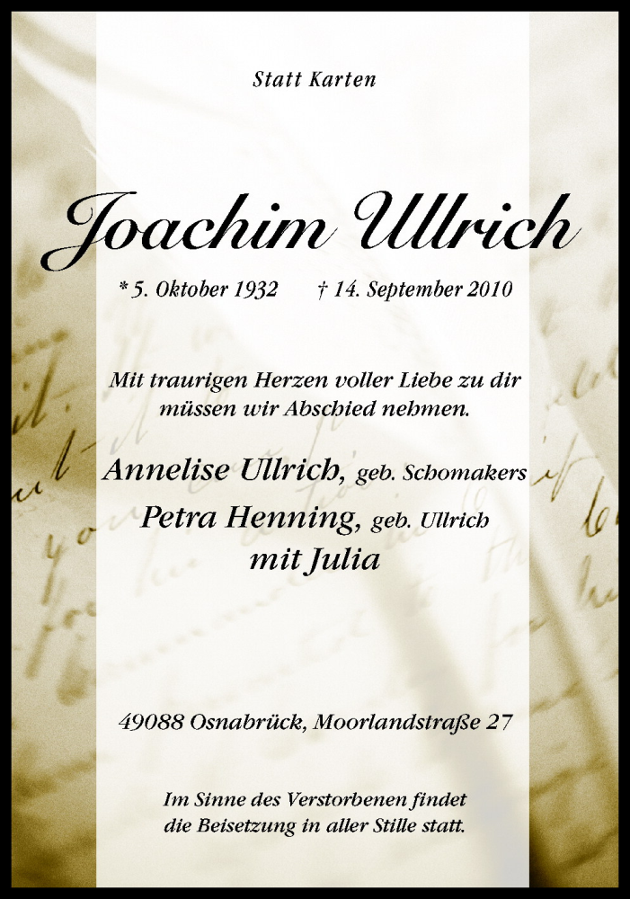  Traueranzeige für Joachim Ullrich vom 16.09.2010 aus Neue Osnabrücker Zeitung GmbH & Co. KG