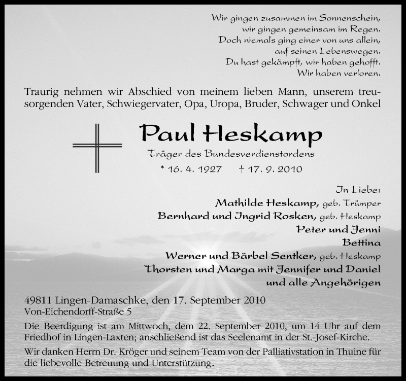  Traueranzeige für Paul Heskamp vom 20.09.2010 aus Neue Osnabrücker Zeitung GmbH & Co. KG