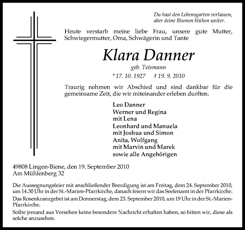  Traueranzeige für Klara Danner vom 21.09.2010 aus Neue Osnabrücker Zeitung GmbH & Co. KG