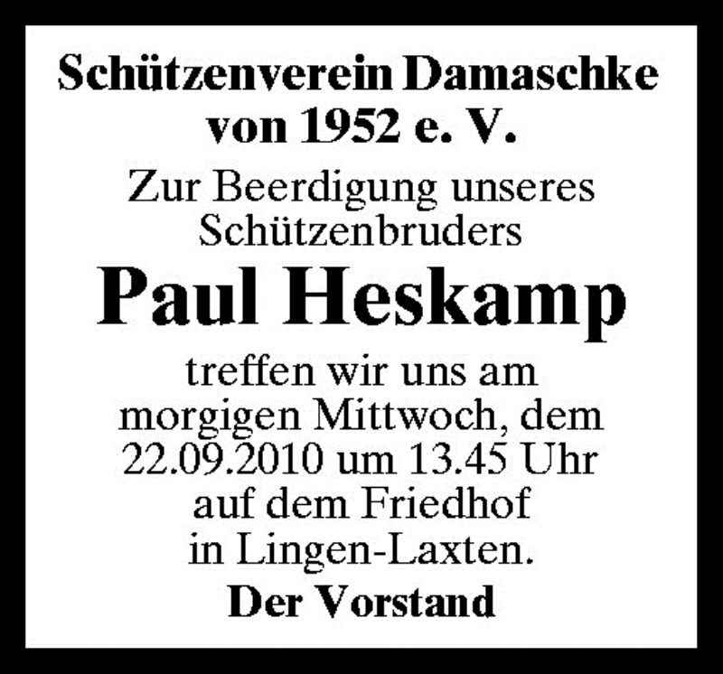  Traueranzeige für Paul Heskamp vom 21.09.2010 aus Neue Osnabrücker Zeitung GmbH & Co. KG