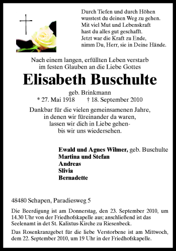 Traueranzeige von Elisabeth Buschulte von Neue Osnabrücker Zeitung GmbH & Co. KG