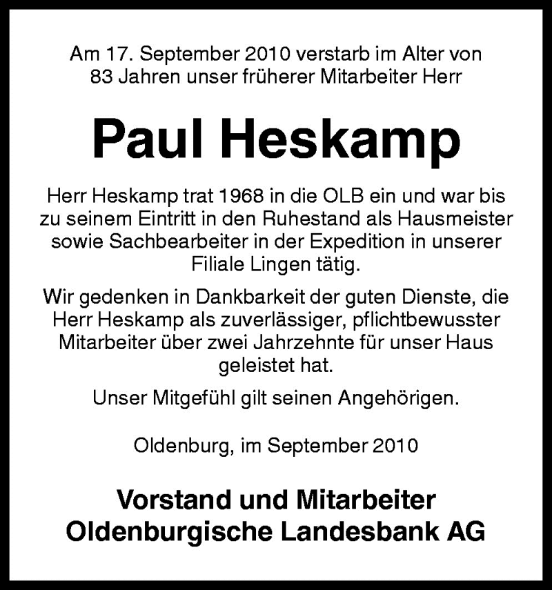  Traueranzeige für Paul Heskamp vom 22.09.2010 aus Neue Osnabrücker Zeitung GmbH & Co. KG