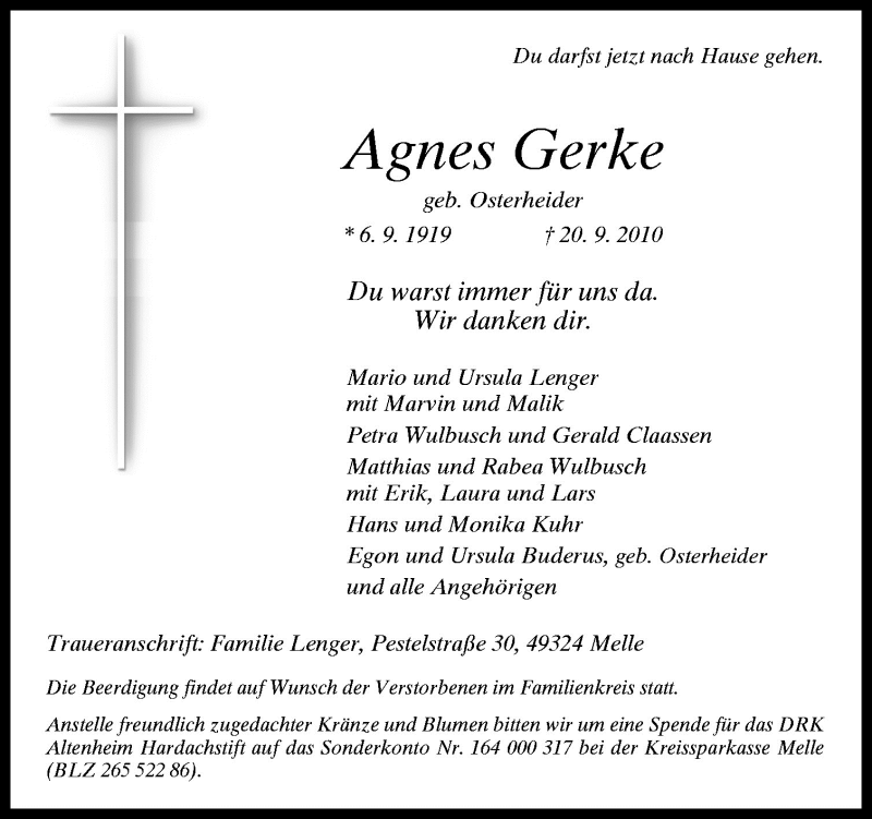 Traueranzeigen von Agnes Gerke | noz Trauerportal