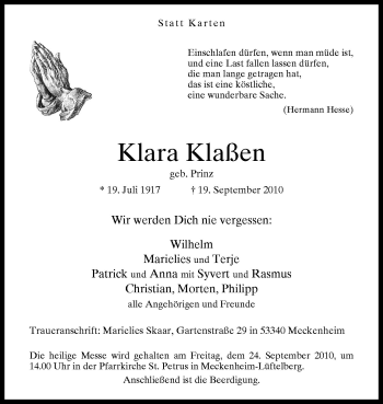 Traueranzeige von Klara Klaßen von Neue Osnabrücker Zeitung GmbH & Co. KG