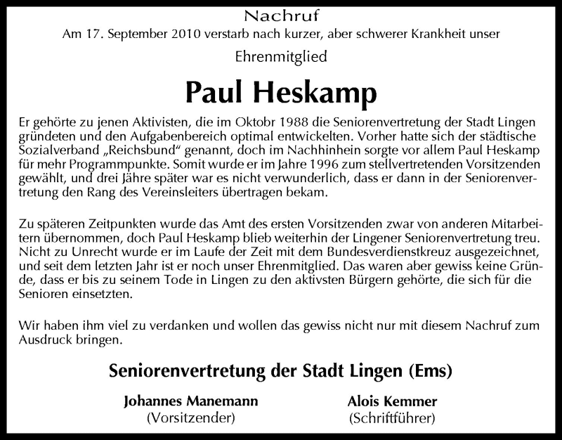  Traueranzeige für Paul Heskamp vom 23.09.2010 aus Neue Osnabrücker Zeitung GmbH & Co. KG