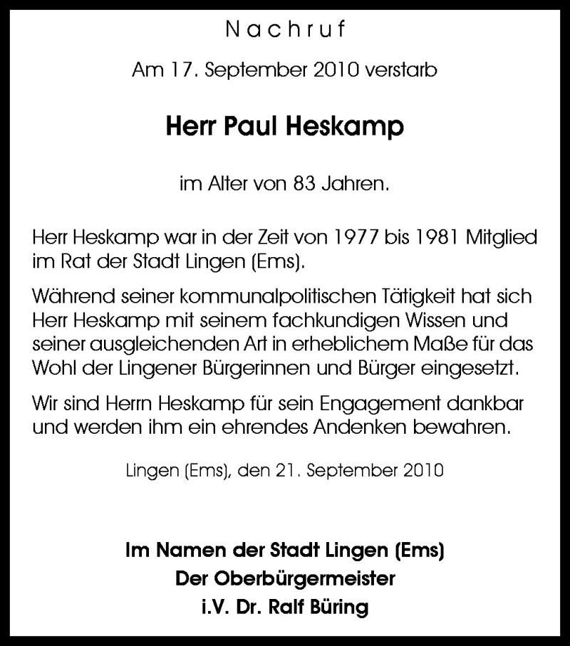  Traueranzeige für Paul Heskamp vom 23.09.2010 aus Neue Osnabrücker Zeitung GmbH & Co. KG