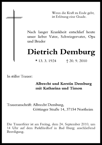 Traueranzeige von Dietrich Demburg von Neue Osnabrücker Zeitung GmbH & Co. KG