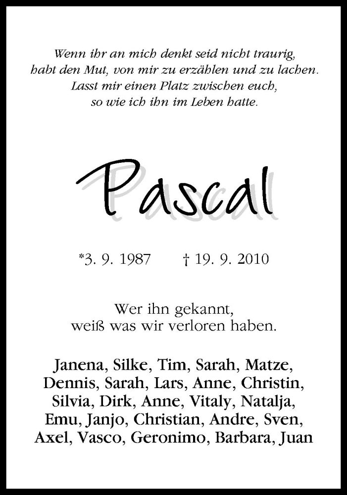  Traueranzeige für Pascal Sinning vom 22.09.2010 aus Neue Osnabrücker Zeitung GmbH & Co. KG