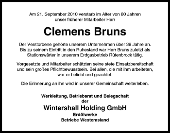 Traueranzeige von Bruns Clemens von Neue Osnabrücker Zeitung GmbH & Co. KG