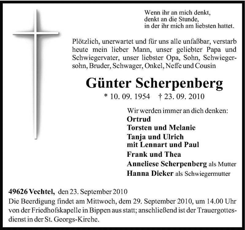  Traueranzeige für Günter Scherpenberg vom 25.09.2010 aus Neue Osnabrücker Zeitung GmbH & Co. KG