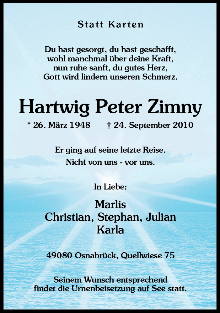  Traueranzeige für Hartwig Peter Zimny vom 29.09.2010 aus Neue Osnabrücker Zeitung GmbH & Co. KG