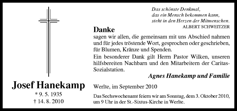  Traueranzeige für Josef Hanekamp vom 28.09.2010 aus Neue Osnabrücker Zeitung GmbH & Co. KG