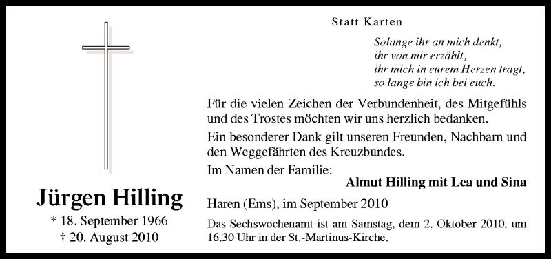  Traueranzeige für Jürgen Hilling vom 29.09.2010 aus Neue Osnabrücker Zeitung GmbH & Co. KG