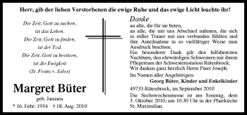 Traueranzeige von Margret Büter von Neue Osnabrücker Zeitung GmbH & Co. KG