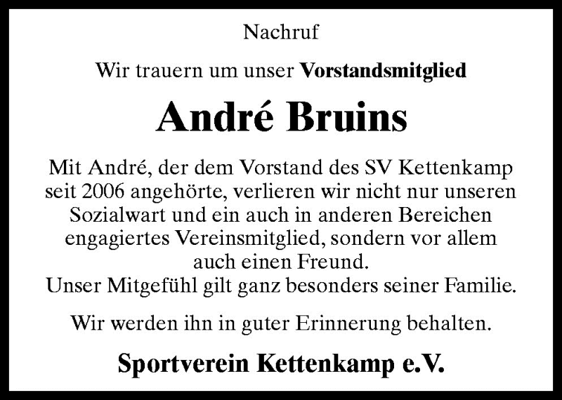  Traueranzeige für André Bruins vom 28.09.2010 aus Neue Osnabrücker Zeitung GmbH & Co. KG