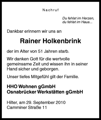 Traueranzeige von Rainer Holkenbrink von Neue Osnabrücker Zeitung GmbH & Co. KG