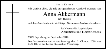 Traueranzeige von Anna Akkermann von Neue Osnabrücker Zeitung GmbH & Co. KG