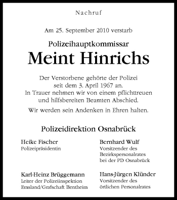 Traueranzeige von Hinrichs Meint von Neue Osnabrücker Zeitung GmbH & Co. KG