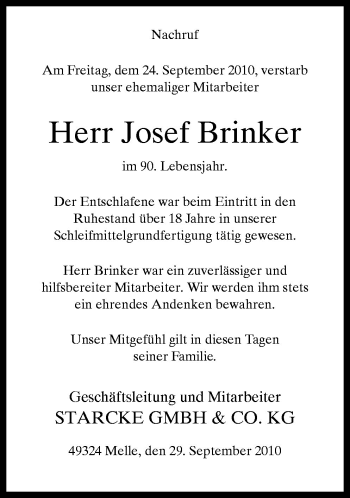 Traueranzeige von Josef Brinker von Neue Osnabrücker Zeitung GmbH & Co. KG