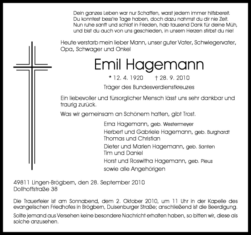  Traueranzeige für Emil Hagemann vom 30.09.2010 aus Neue Osnabrücker Zeitung GmbH & Co. KG