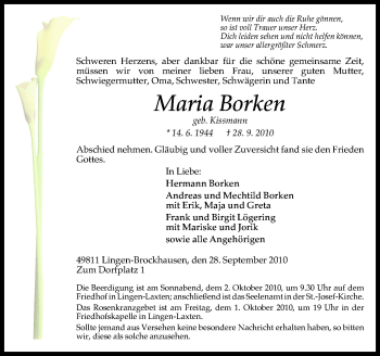 Traueranzeige von Maria Borken von Neue Osnabrücker Zeitung GmbH & Co. KG