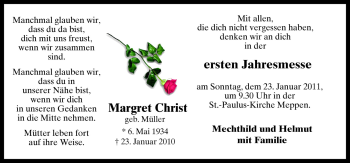 Traueranzeige von Margreth Christ von Neue Osnabrücker Zeitung GmbH & Co. KG