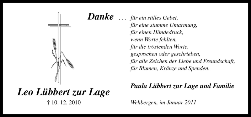  Traueranzeige für Leo Lübbert zur Lage vom 19.01.2011 aus Neue Osnabrücker Zeitung GmbH & Co. KG