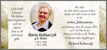 Traueranzeige von Maria Kubiaczyk von Neue Osnabrücker Zeitung GmbH & Co. KG