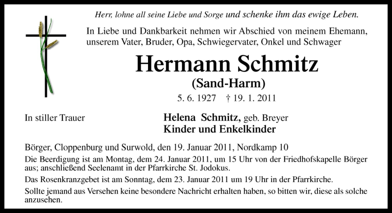  Traueranzeige für Hermann Schmitz vom 22.01.2011 aus Neue Osnabrücker Zeitung GmbH & Co. KG