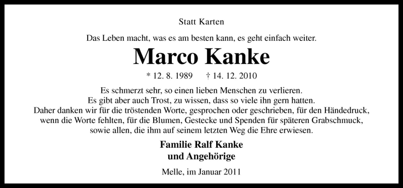  Traueranzeige für Marco Kanke vom 22.01.2011 aus Neue Osnabrücker Zeitung GmbH & Co. KG