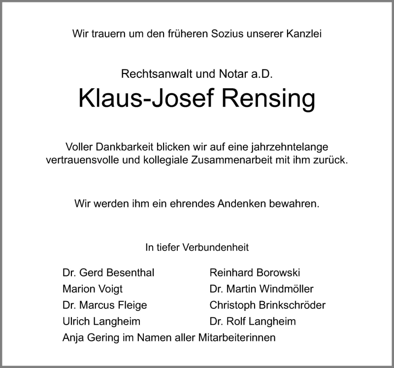  Traueranzeige für Klaus-Josef Rensing vom 22.01.2011 aus Neue Osnabrücker Zeitung GmbH & Co. KG