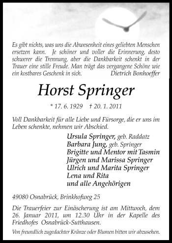 Traueranzeige von Horst Springer von Neue Osnabrücker Zeitung GmbH & Co. KG