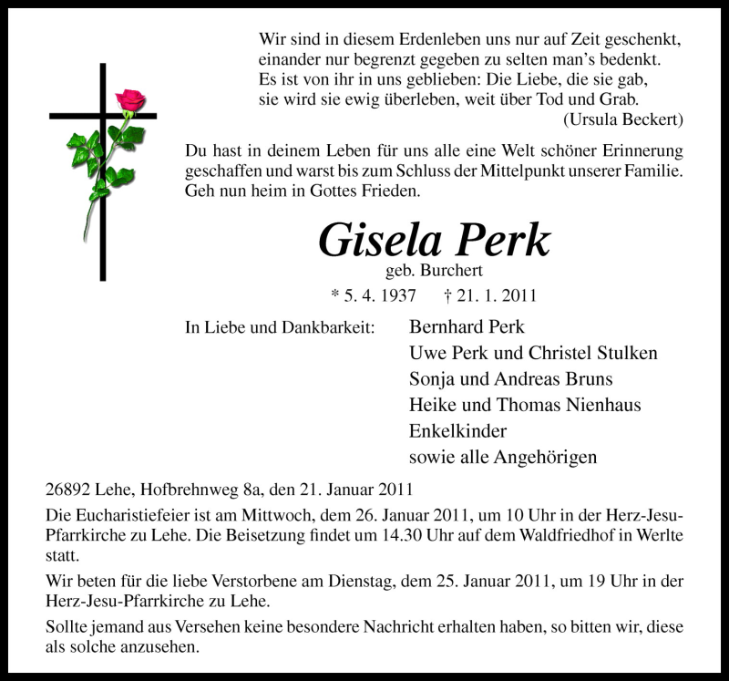  Traueranzeige für Gisela Perk vom 24.01.2011 aus Neue Osnabrücker Zeitung GmbH & Co. KG