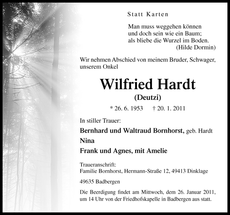  Traueranzeige für Wilfried Hardt vom 24.01.2011 aus Neue Osnabrücker Zeitung GmbH & Co. KG