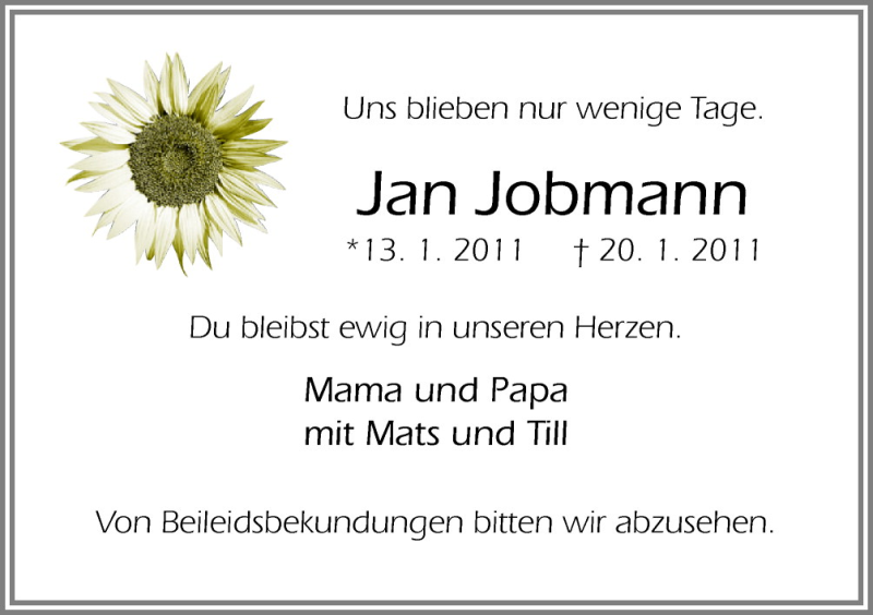  Traueranzeige für Jan Jobmann vom 24.01.2011 aus Neue Osnabrücker Zeitung GmbH & Co. KG