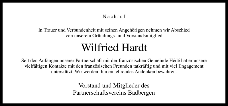 Traueranzeige für Wilfried Hardt vom 25.01.2011 aus Neue Osnabrücker Zeitung GmbH & Co. KG