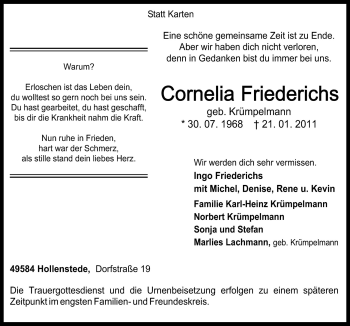 Traueranzeige von Cornelia Friederichs von Neue Osnabrücker Zeitung GmbH & Co. KG