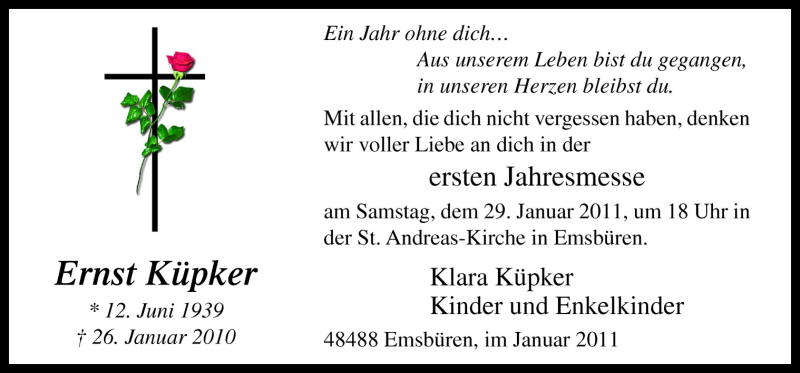  Traueranzeige für Ernst Küpker vom 26.01.2011 aus Neue Osnabrücker Zeitung GmbH & Co. KG