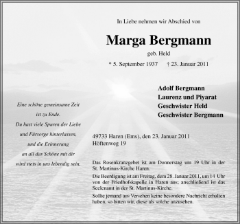Traueranzeige von Marga Bergmann von Neue Osnabrücker Zeitung GmbH & Co. KG