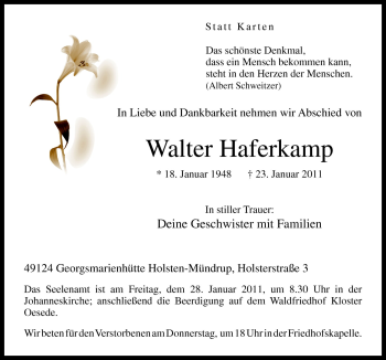 Traueranzeige von Walter Haferkamp von Neue Osnabrücker Zeitung GmbH & Co. KG