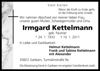 Traueranzeige von Irmgard Kettelmann von Neue Osnabrücker Zeitung GmbH & Co. KG