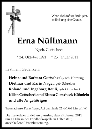 Traueranzeige von Erna Nüllmann von Neue Osnabrücker Zeitung GmbH & Co. KG