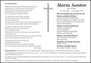 Traueranzeige von Maria Santen von Neue Osnabrücker Zeitung GmbH & Co. KG