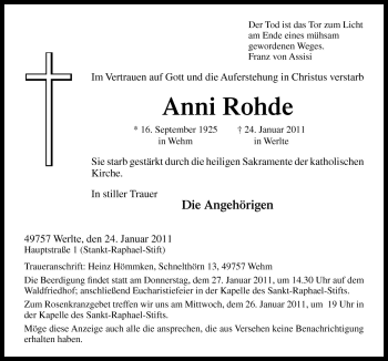 Traueranzeige von Anni Rohde von Neue Osnabrücker Zeitung GmbH & Co. KG