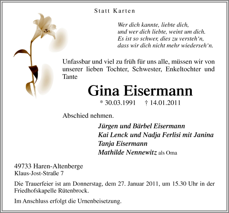  Traueranzeige für Gina Eisermann vom 26.01.2011 aus Neue Osnabrücker Zeitung GmbH & Co. KG