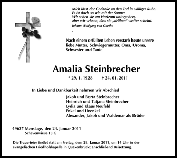 Traueranzeige von Amalia Steinbrecher von Neue Osnabrücker Zeitung GmbH & Co. KG