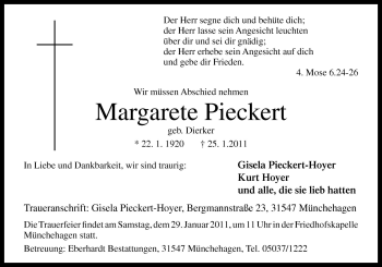 Traueranzeige von Margarete Pieckert von Neue Osnabrücker Zeitung GmbH & Co. KG