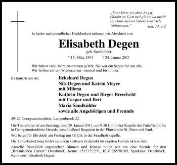 Traueranzeige von Elisabeth Degen von Neue Osnabrücker Zeitung GmbH & Co. KG